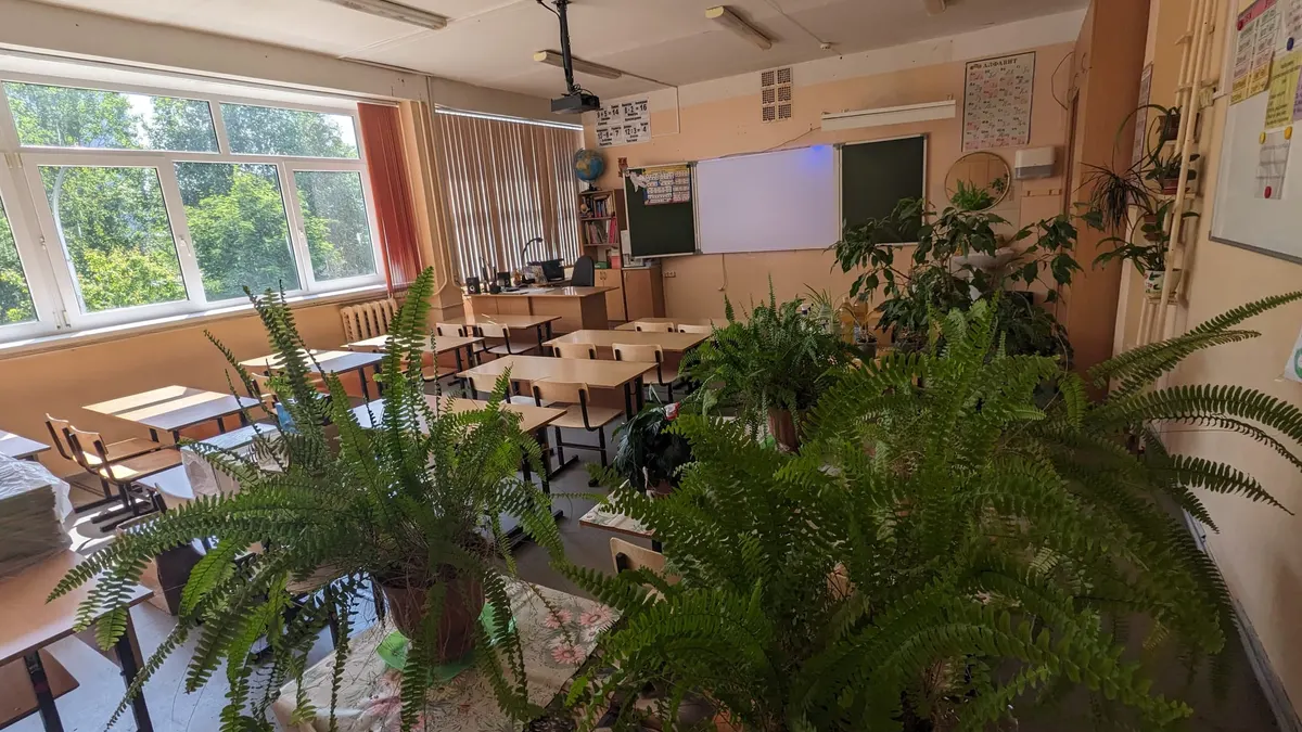 Aula vuota con banchi, lavagne e molte piante in vaso, con grandi finestre che danno sul verde