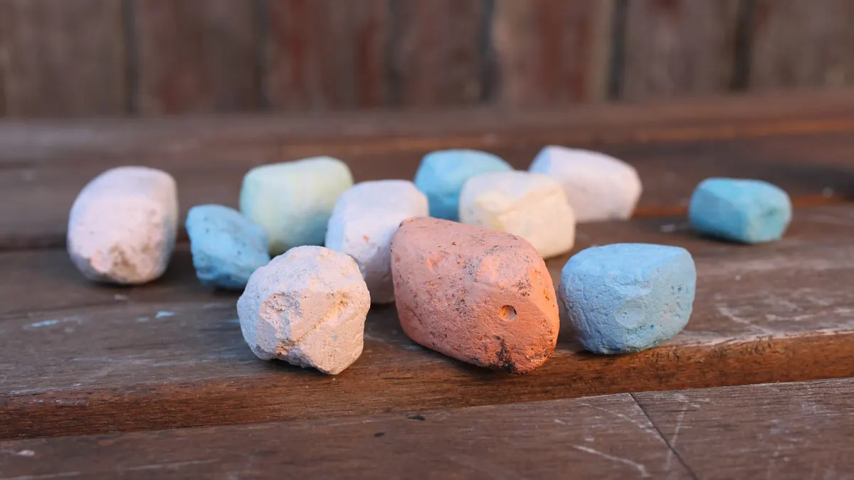 Pezzi di gesso colorati su un tavolo di legno